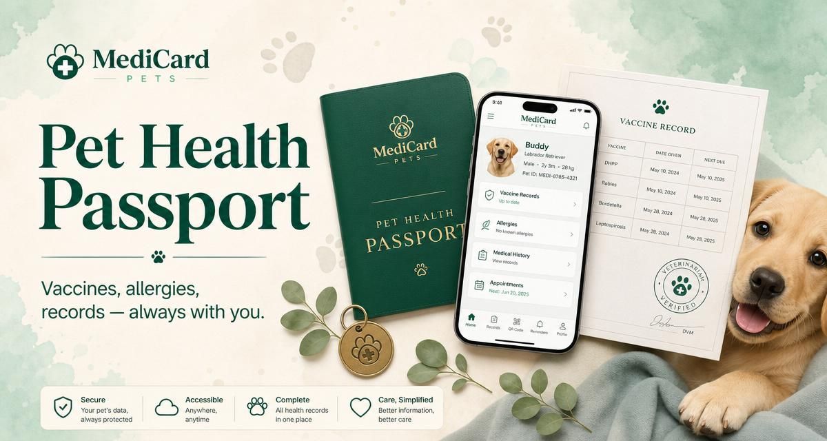 A pet health passport with vaccine records and a friendly labrador