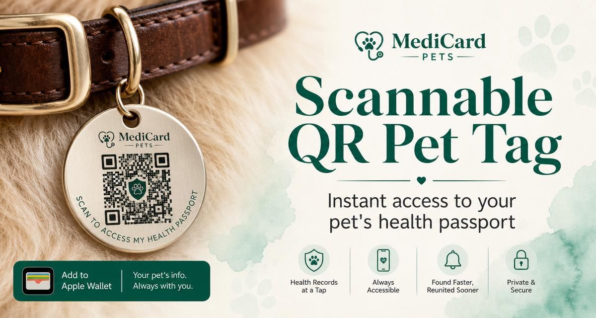 A polished MediCard QR pet tag on a leather collar